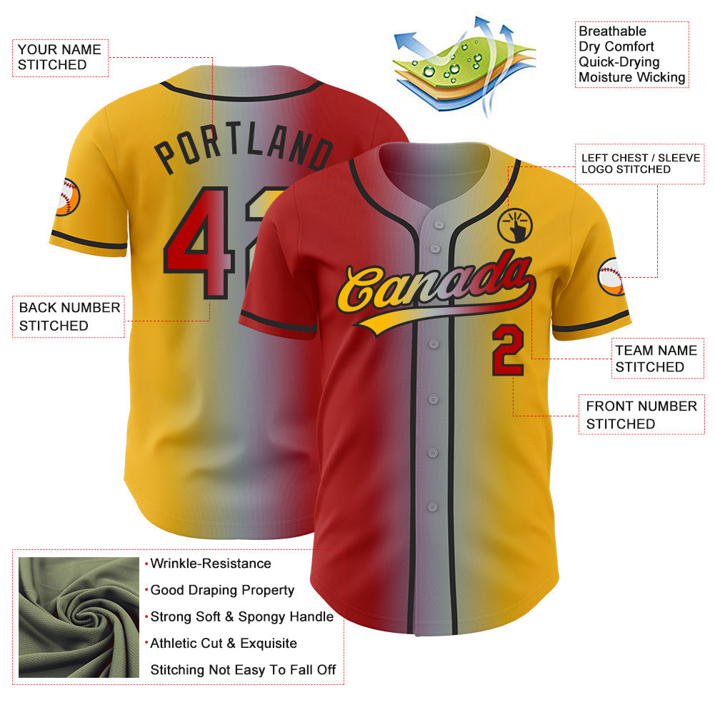 Custom Gold Red Gray-Black Authentic Gradient Fashion Baseball Jersey view 4