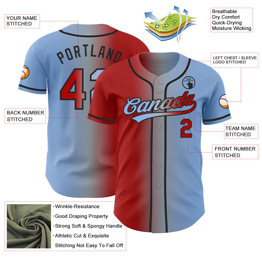 Custom Light Blue Red Gray-Black Authentic Gradient Fashion Baseball Jersey view 4