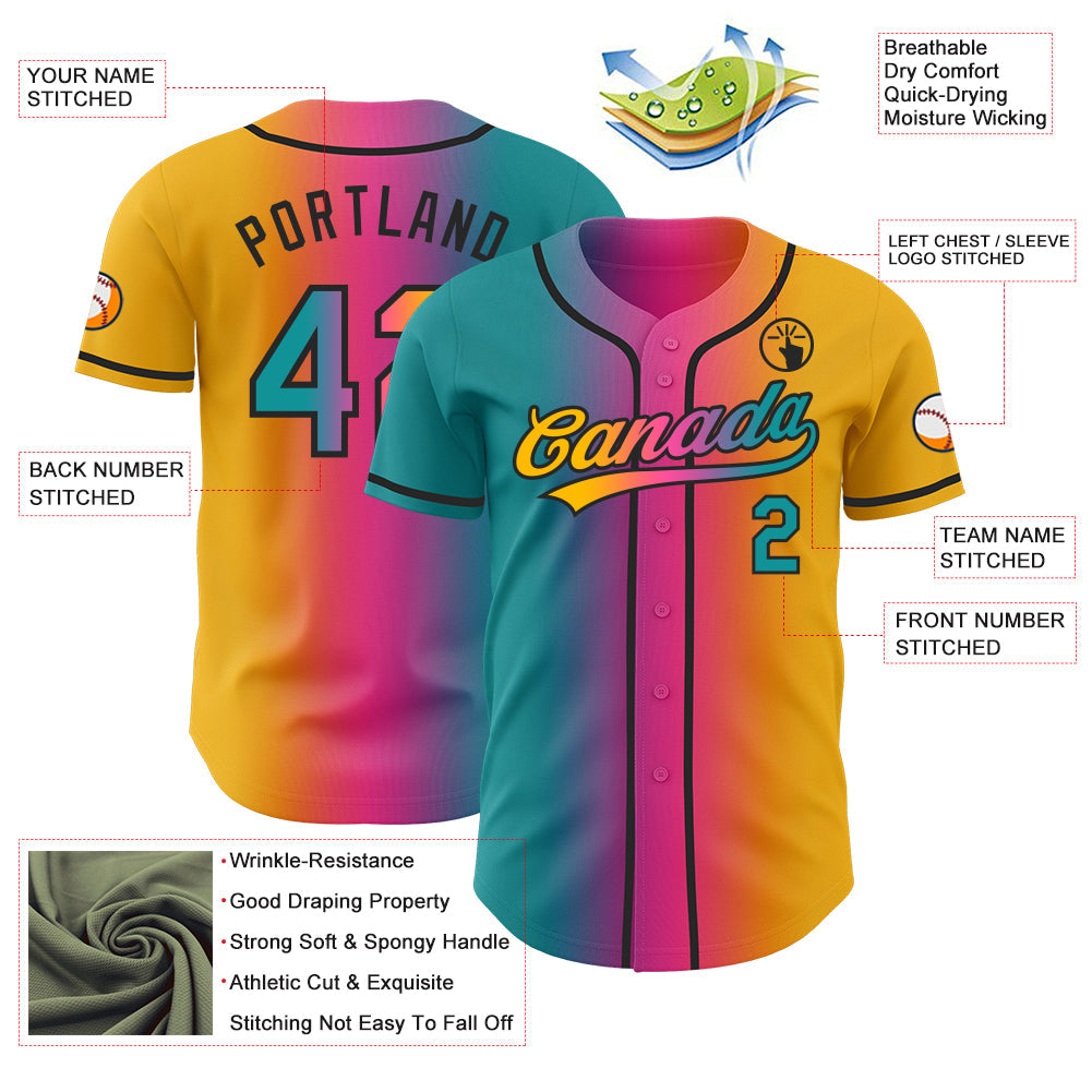 Custom Gold Teal Pink-Black Authentic Gradient Fashion Baseball Jersey view 4