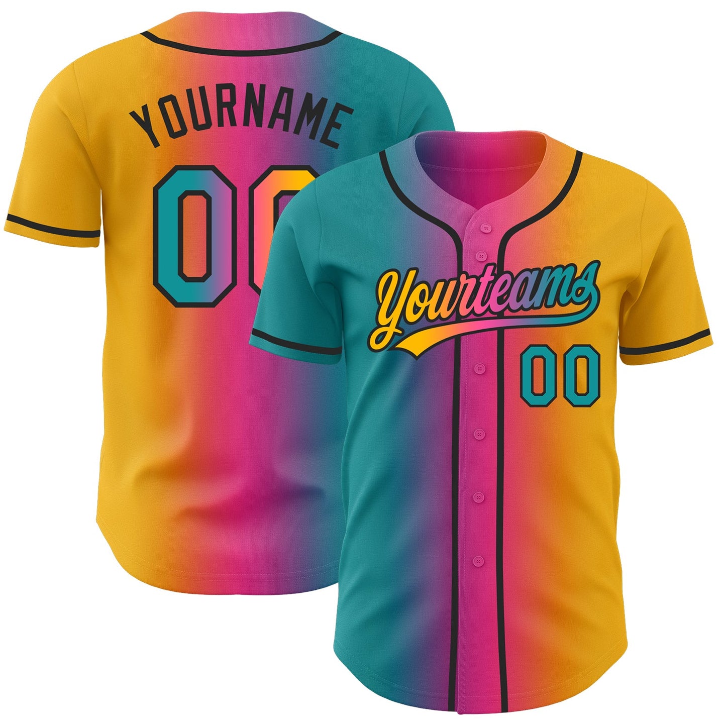 Custom Gold Teal Pink-Black Authentic Gradient Fashion Baseball Jersey - Main View