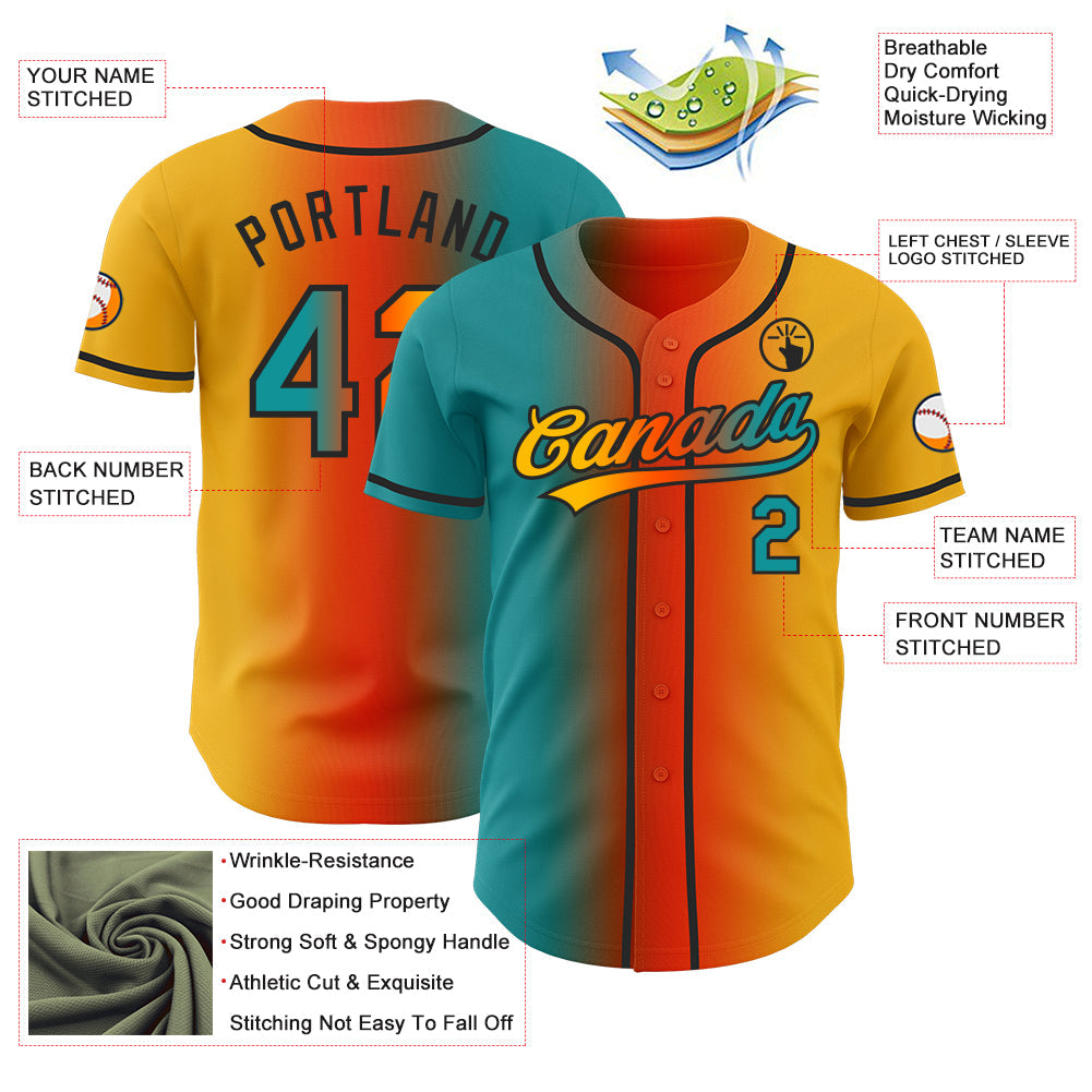 Custom Gold Teal Orange-Black Authentic Gradient Fashion Baseball Jersey view 4