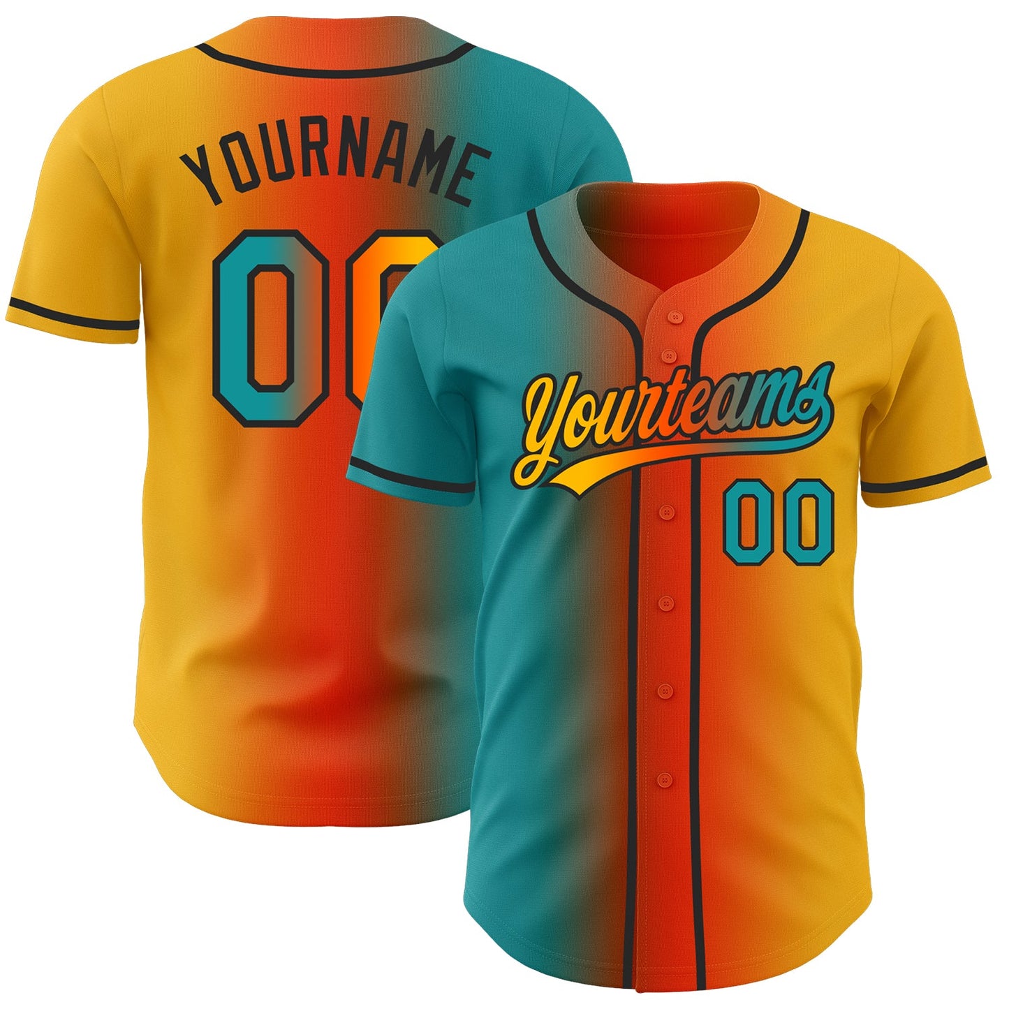 Custom Gold Teal Orange-Black Authentic Gradient Fashion Baseball Jersey - Main View