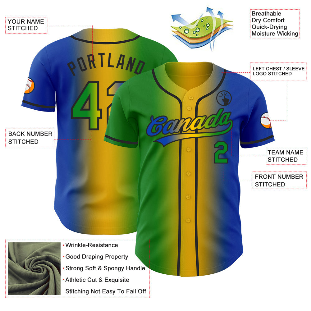 Custom Thunder Blue Grass Green Yellow-Black Authentic Gradient Fashion Baseball Jersey view 4