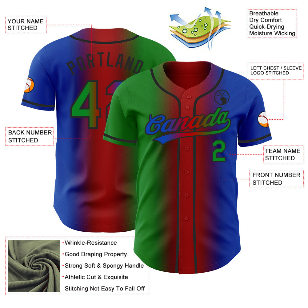 Custom Thunder Blue Grass Green Red-Black Authentic Gradient Fashion Baseball Jersey view 4