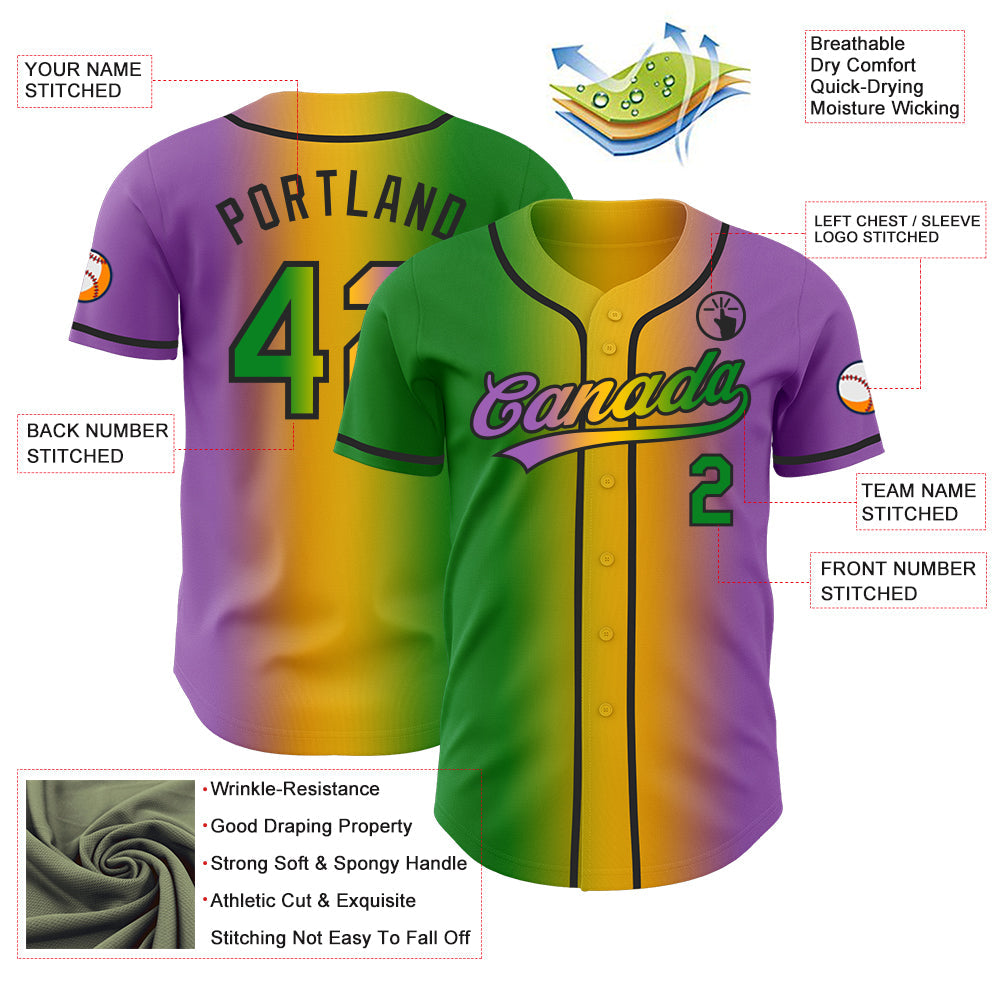 Custom Medium Purple Grass Green Yellow-Black Authentic Gradient Fashion Baseball Jersey view 4