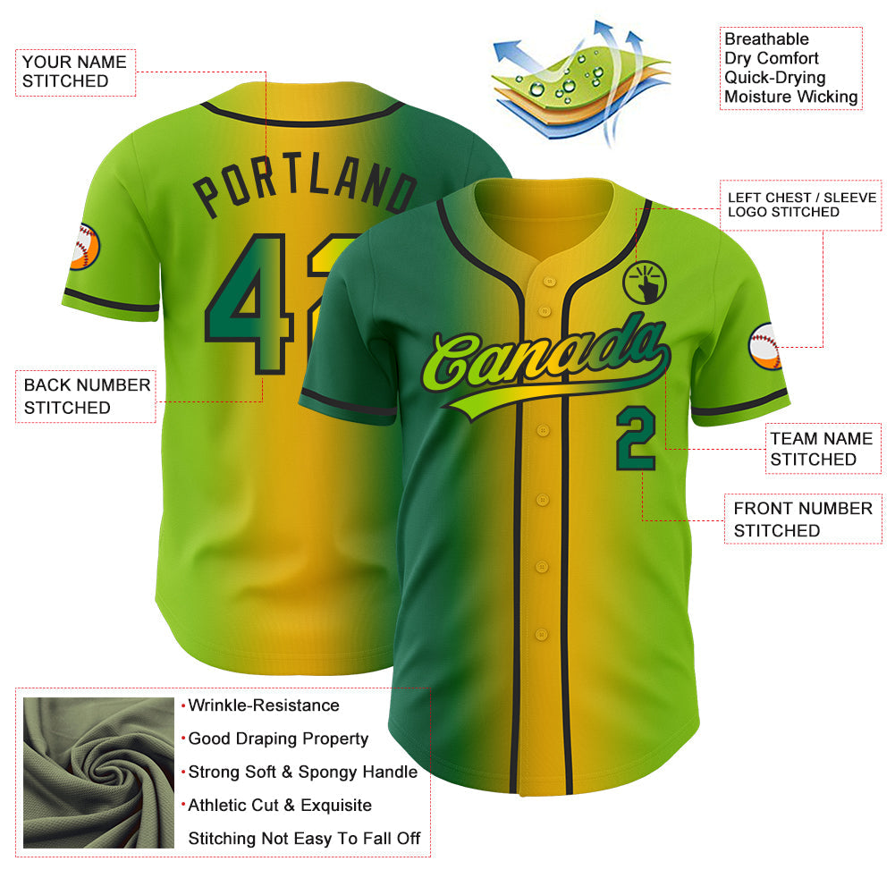 Custom Neon Green Kelly Green Yellow-Black Authentic Gradient Fashion Baseball Jersey view 4