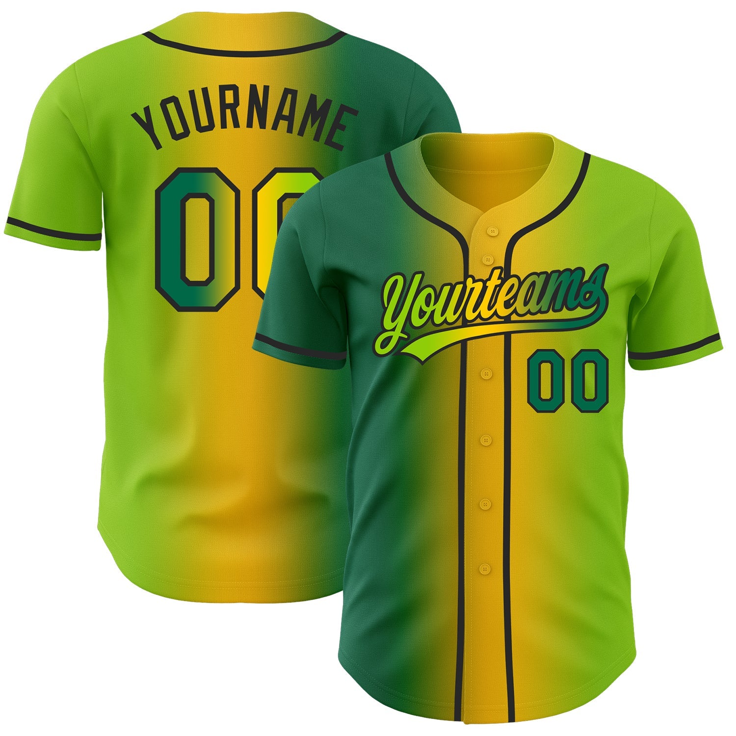 Custom Neon Green Kelly Green Yellow-Black Authentic Gradient Fashion Baseball Jersey - Main View