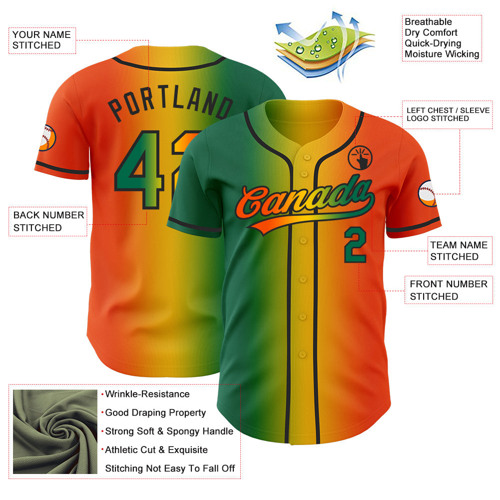 Custom Orange Kelly Green Yellow-Black Authentic Gradient Fashion Baseball Jersey view 4