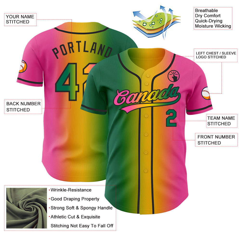 Custom Pink Kelly Green Yellow-Black Authentic Gradient Fashion Baseball Jersey view 4