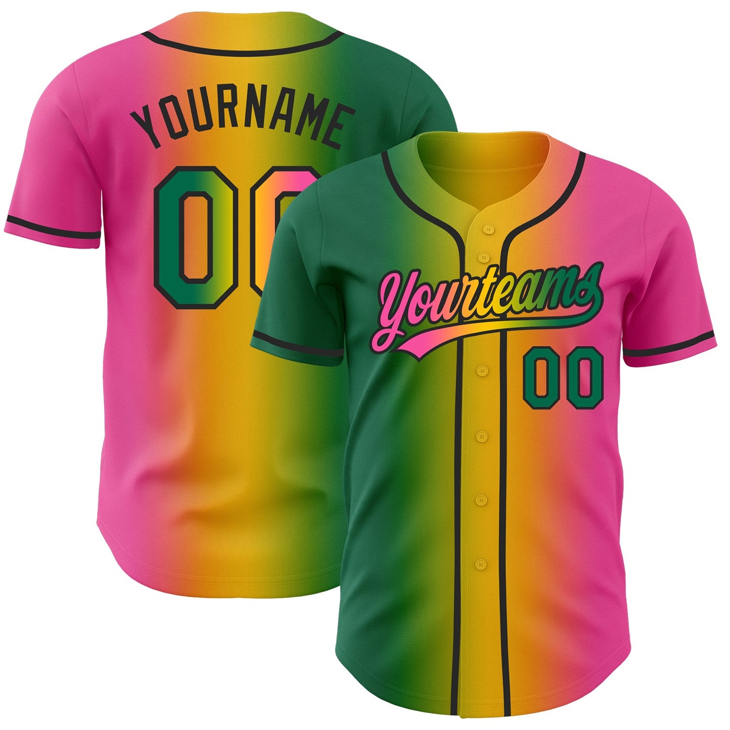 Custom Pink Kelly Green Yellow-Black Authentic Gradient Fashion Baseball Jersey - Main View