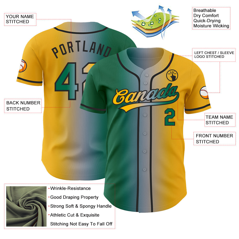 Custom Gold Kelly Green Gray-Black Authentic Gradient Fashion Baseball Jersey view 4