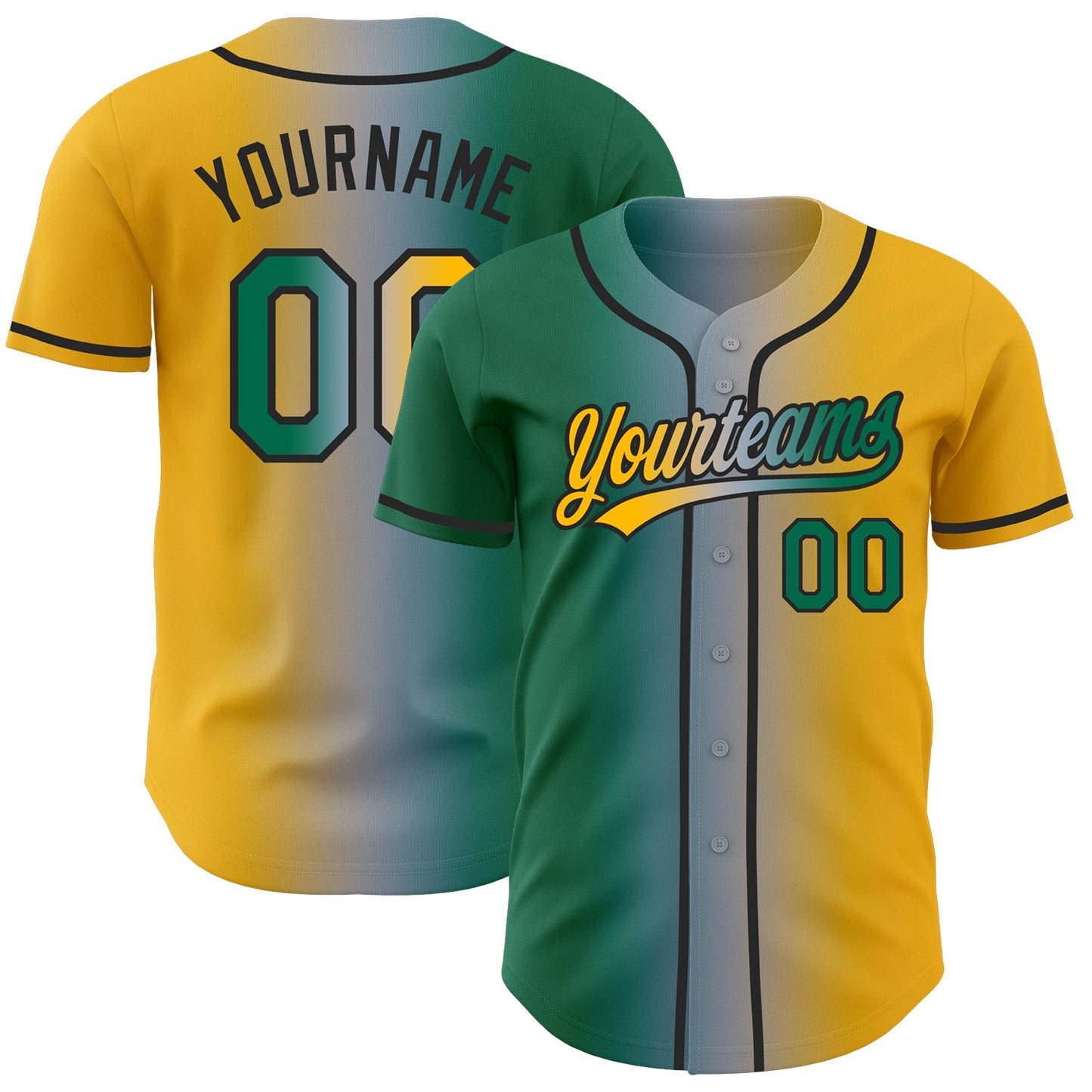Custom Gold Kelly Green Gray-Black Authentic Gradient Fashion Baseball Jersey - Main View