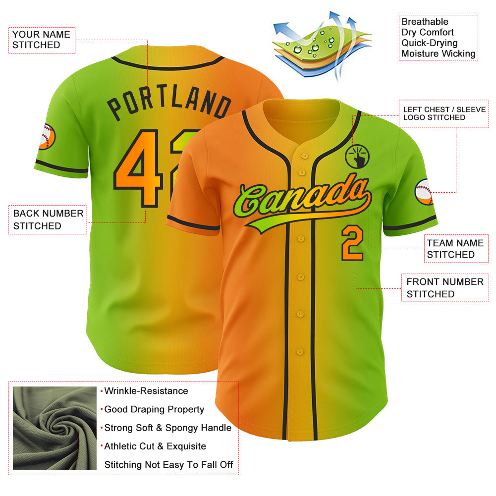 Custom Neon Green Bay Orange Yellow-Black Authentic Gradient Fashion Baseball Jersey view 4