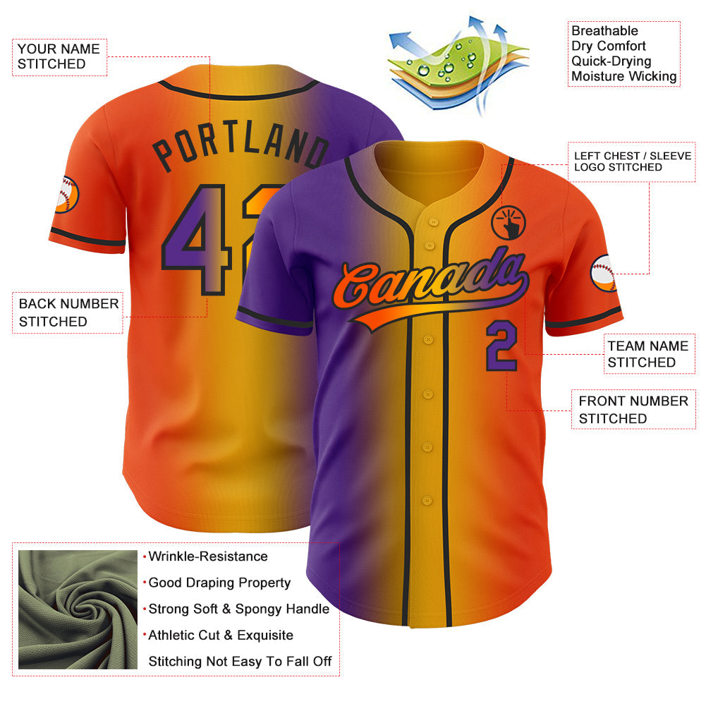 Custom Orange Purple Gold-Black Authentic Gradient Fashion Baseball Jersey view 4