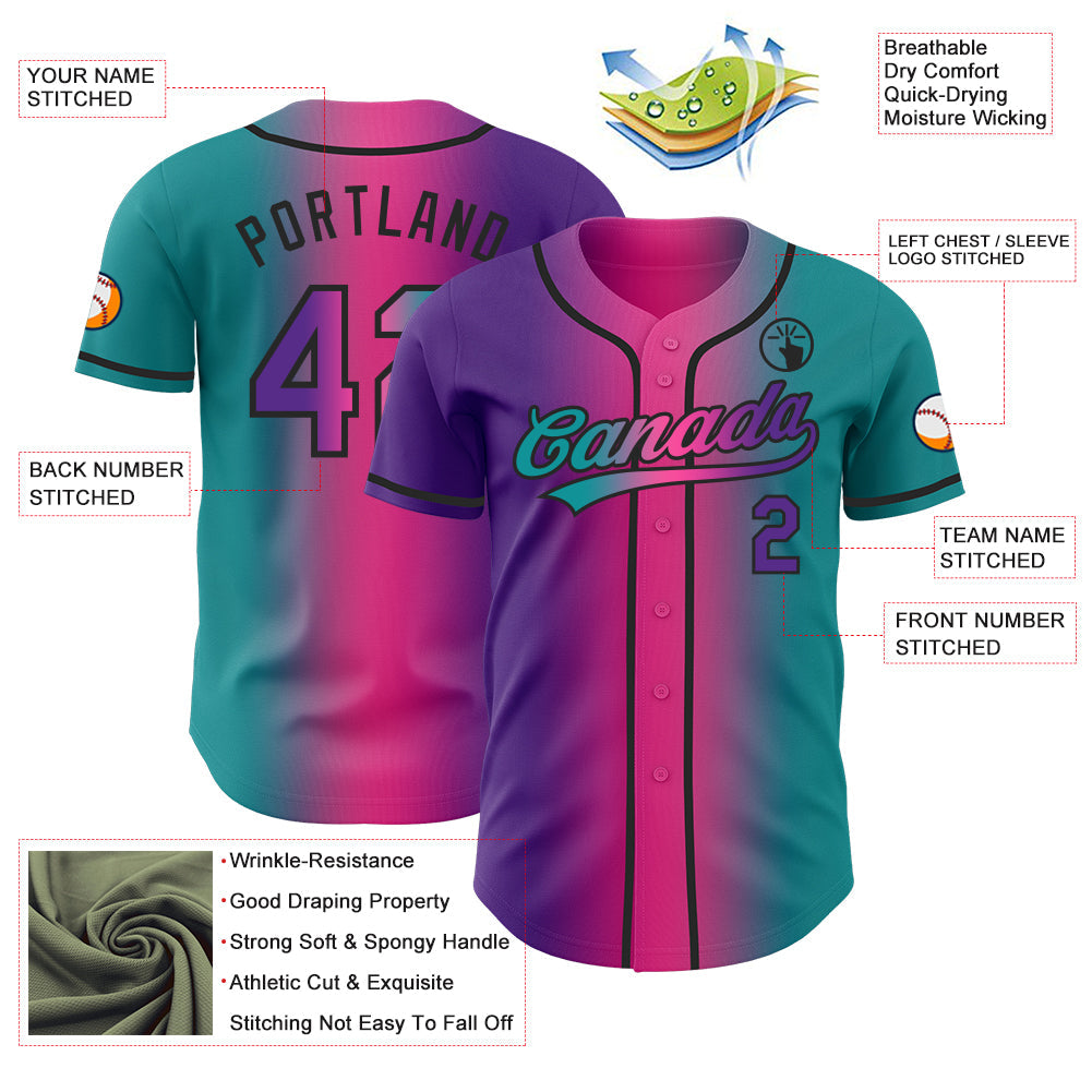 Custom Teal Purple Pink-Black Authentic Gradient Fashion Baseball Jersey view 4