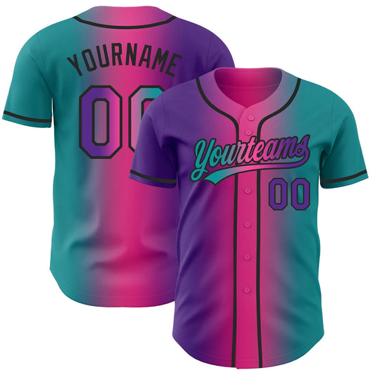 Custom Teal Purple Pink-Black Authentic Gradient Fashion Baseball Jersey - Main View