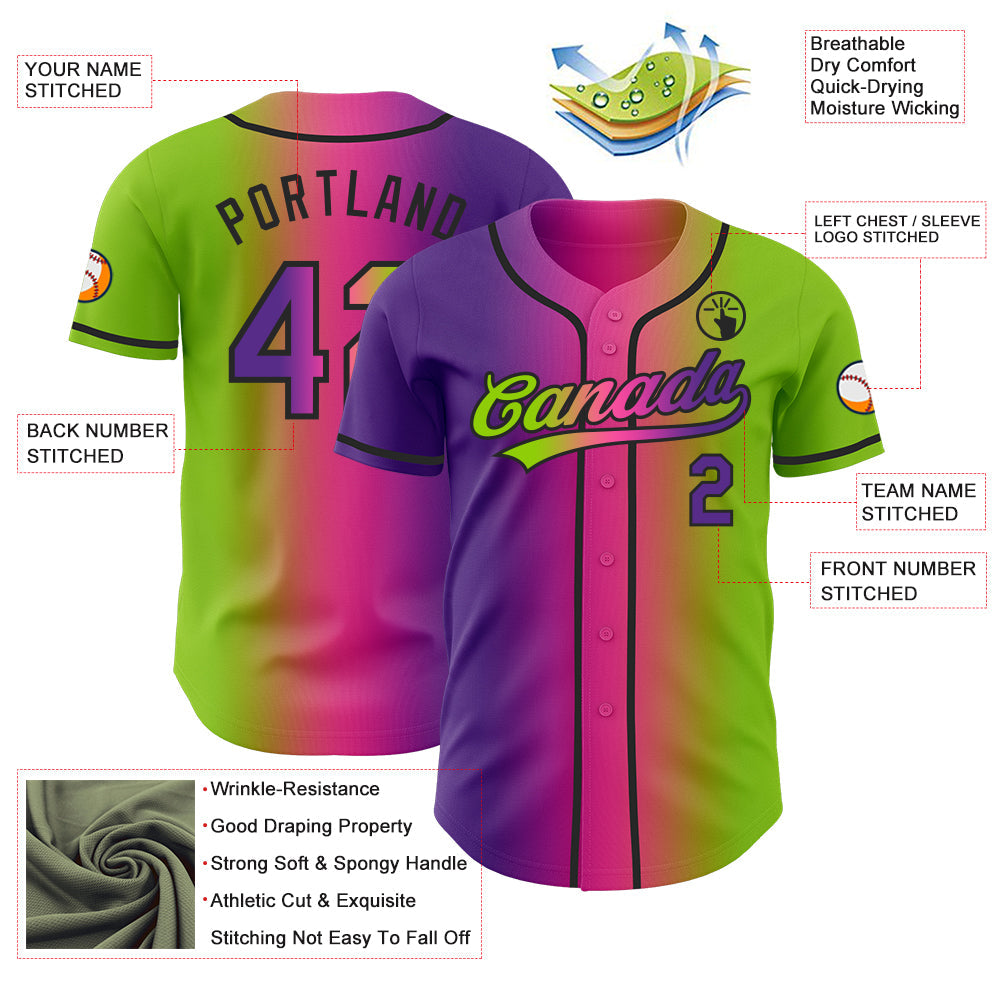 Custom Neon Green Purple Pink-Black Authentic Gradient Fashion Baseball Jersey view 4