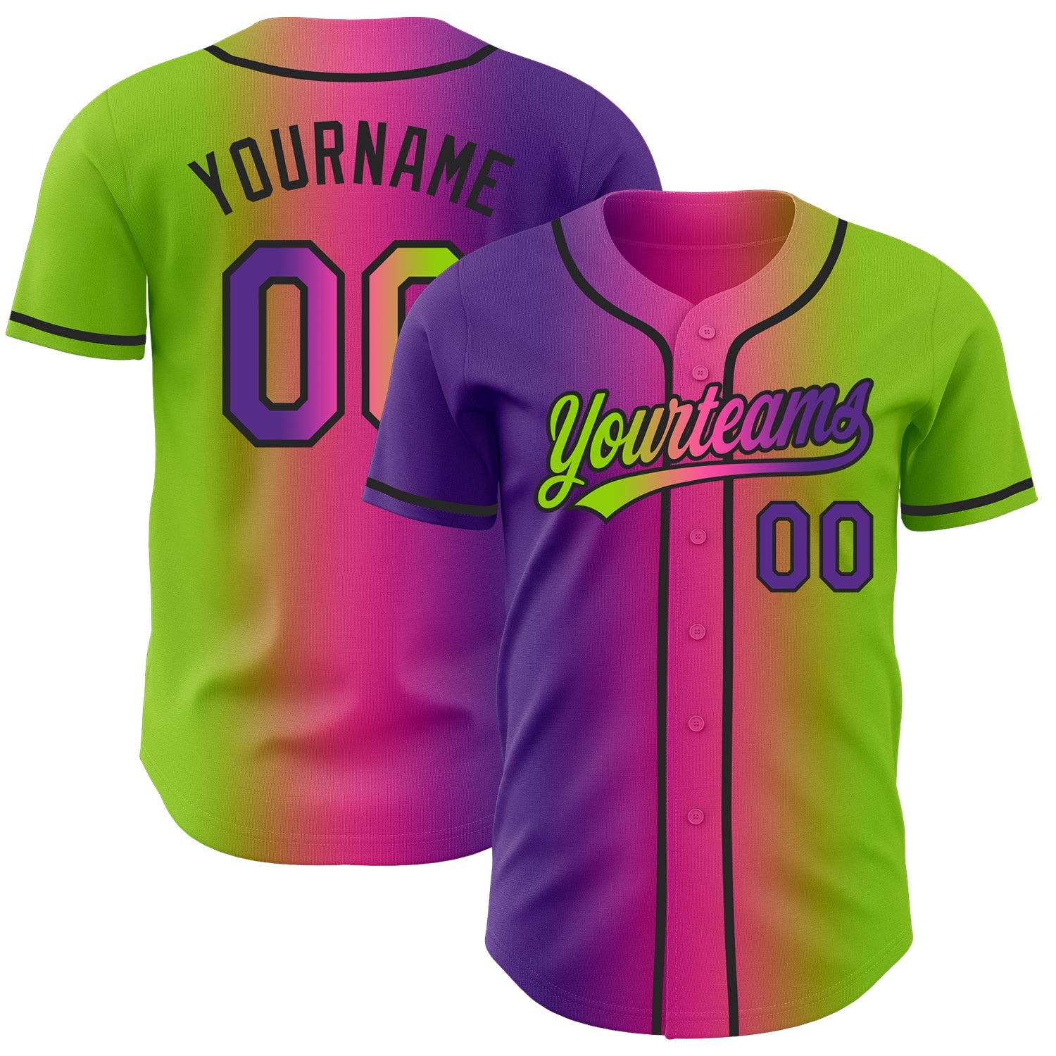 Custom Neon Green Purple Pink-Black Authentic Gradient Fashion Baseball Jersey - Main View