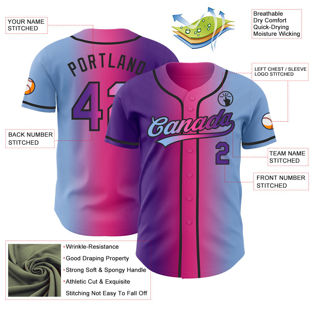 Custom Light Blue Purple Pink-Black Authentic Gradient Fashion Baseball Jersey view 4
