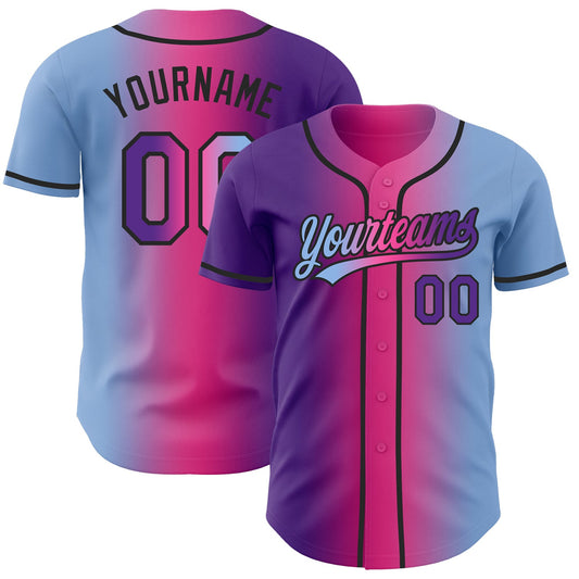 Custom Light Blue Purple Pink-Black Authentic Gradient Fashion Baseball Jersey - Main View