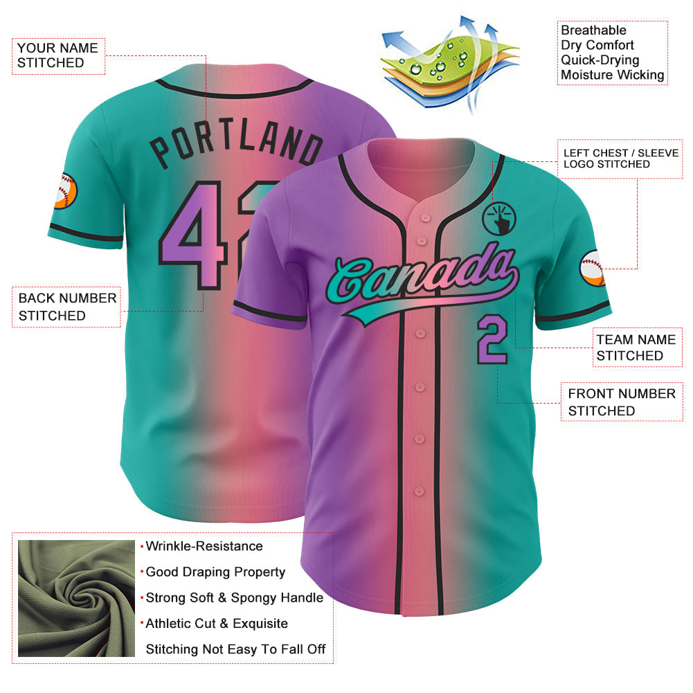 Custom Aqua Medium Purple Medium Pink-Black Authentic Gradient Fashion Baseball Jersey view 4