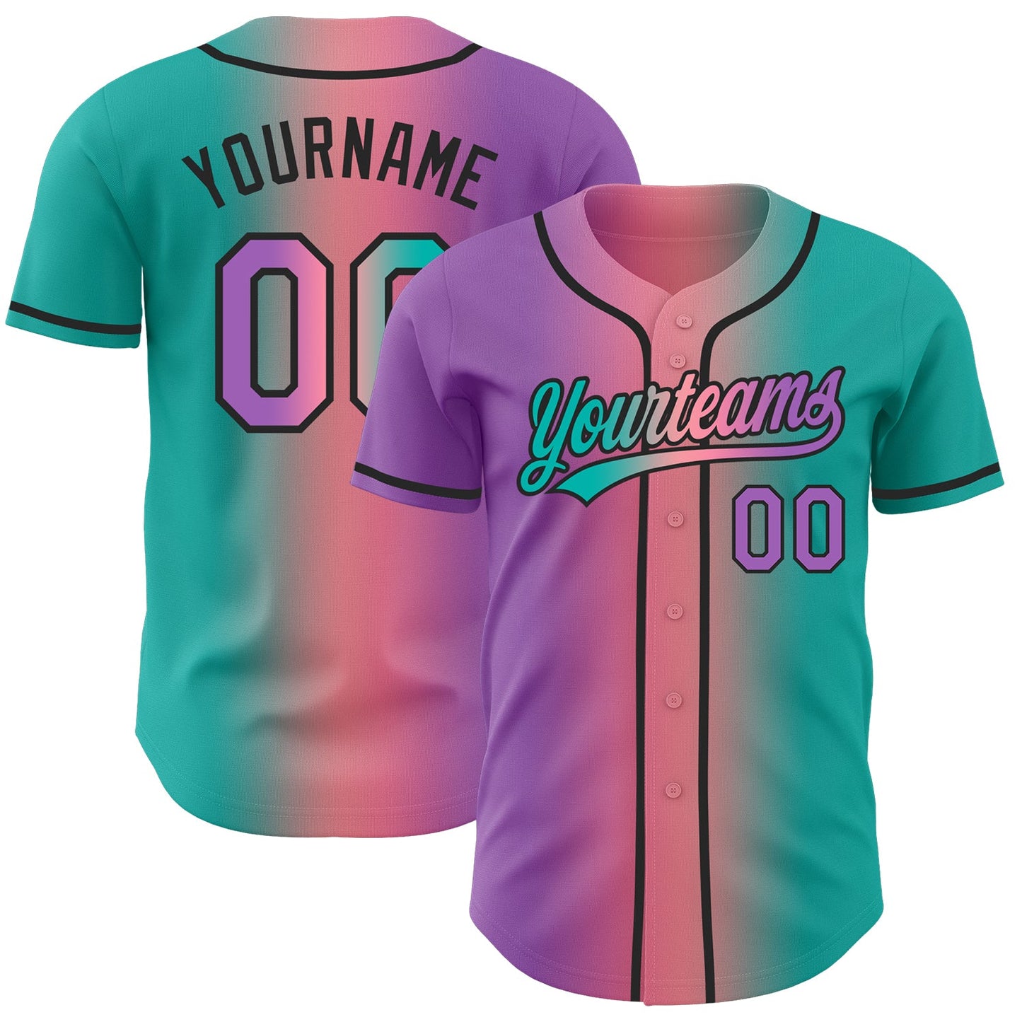 Custom Aqua Medium Purple Medium Pink-Black Authentic Gradient Fashion Baseball Jersey - Main View