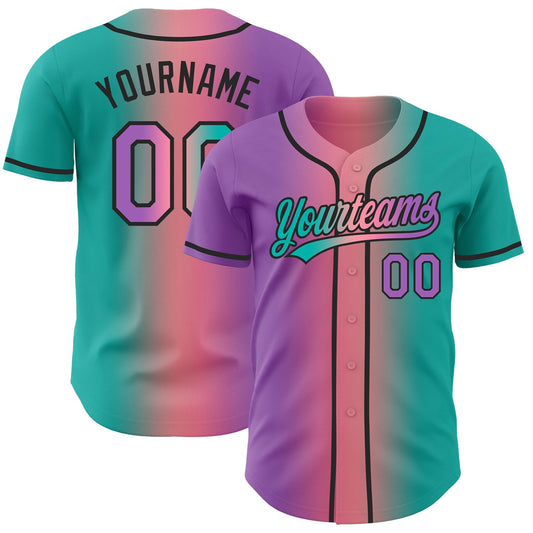 Custom Aqua Medium Purple Medium Pink-Black Authentic Gradient Fashion Baseball Jersey - Main View