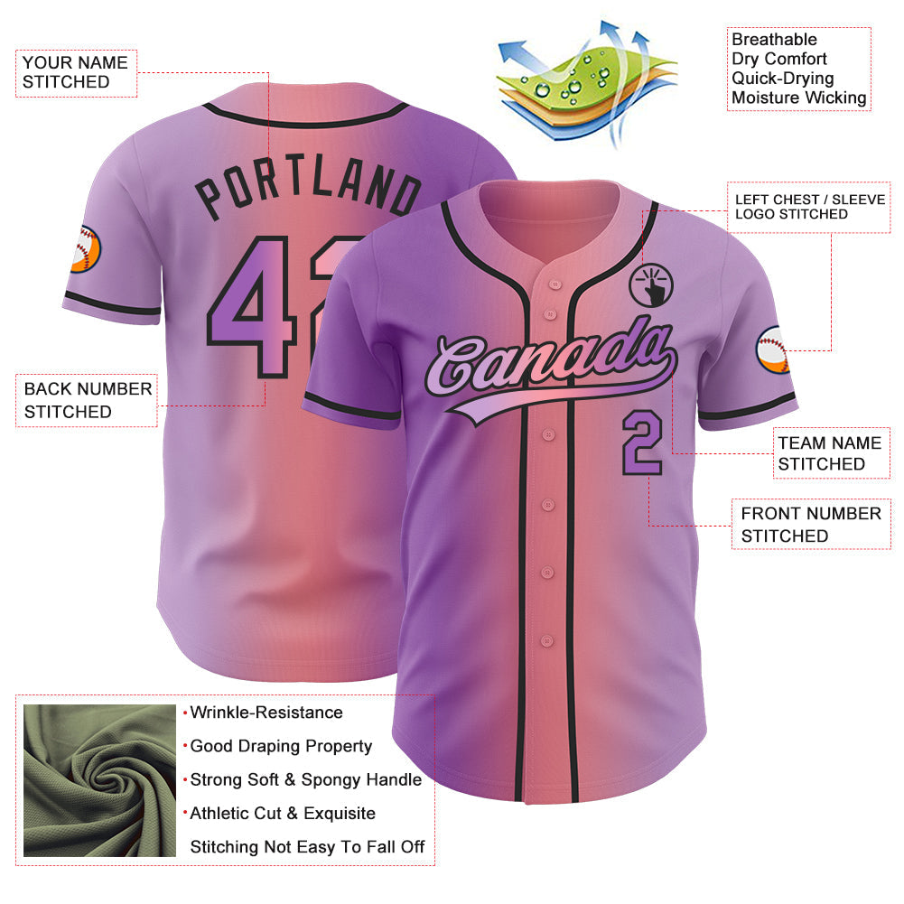 Custom Light Purple Medium Purple Medium Pink-Black Authentic Gradient Fashion Baseball Jersey view 4