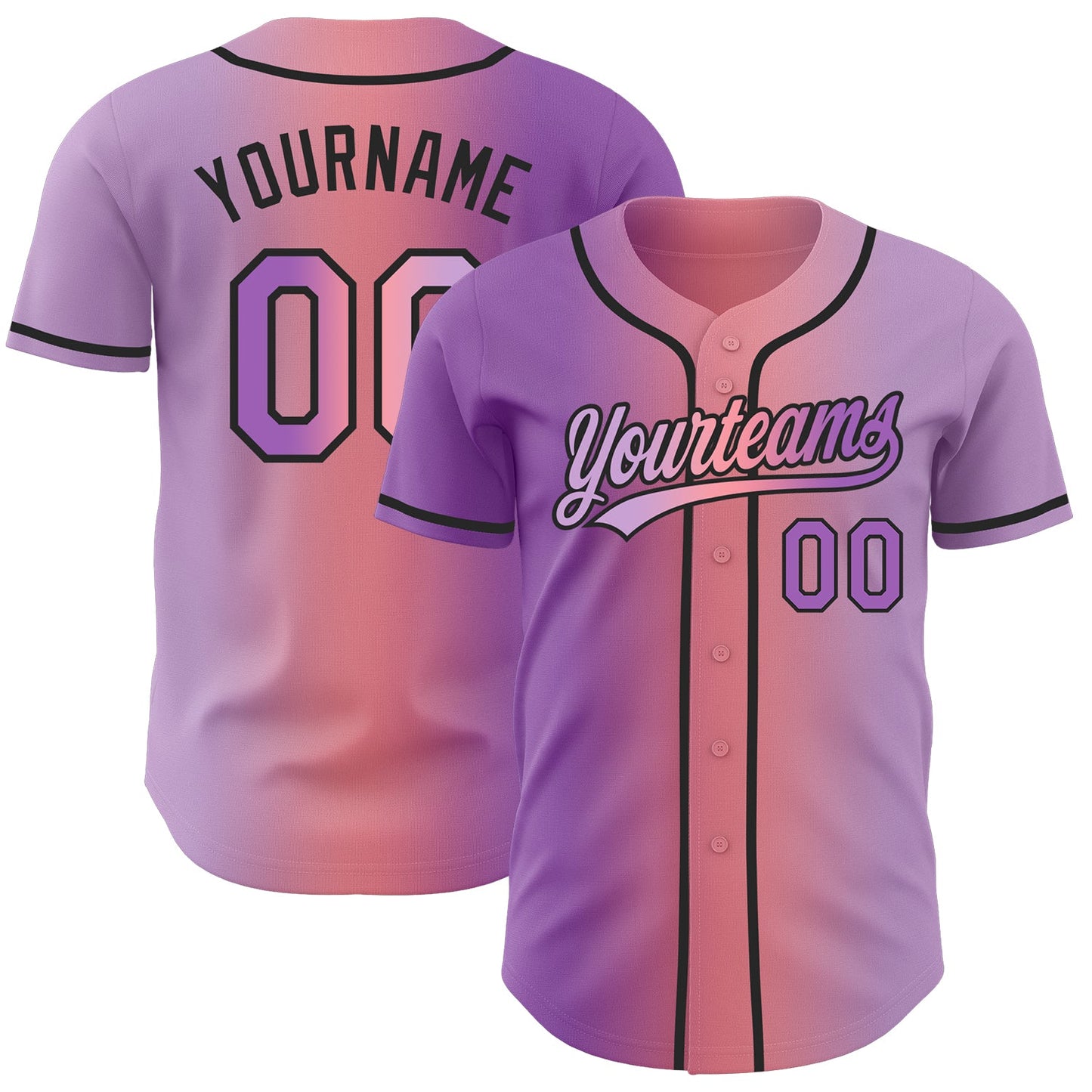 Custom Light Purple Medium Purple Medium Pink-Black Authentic Gradient Fashion Baseball Jersey - Main View