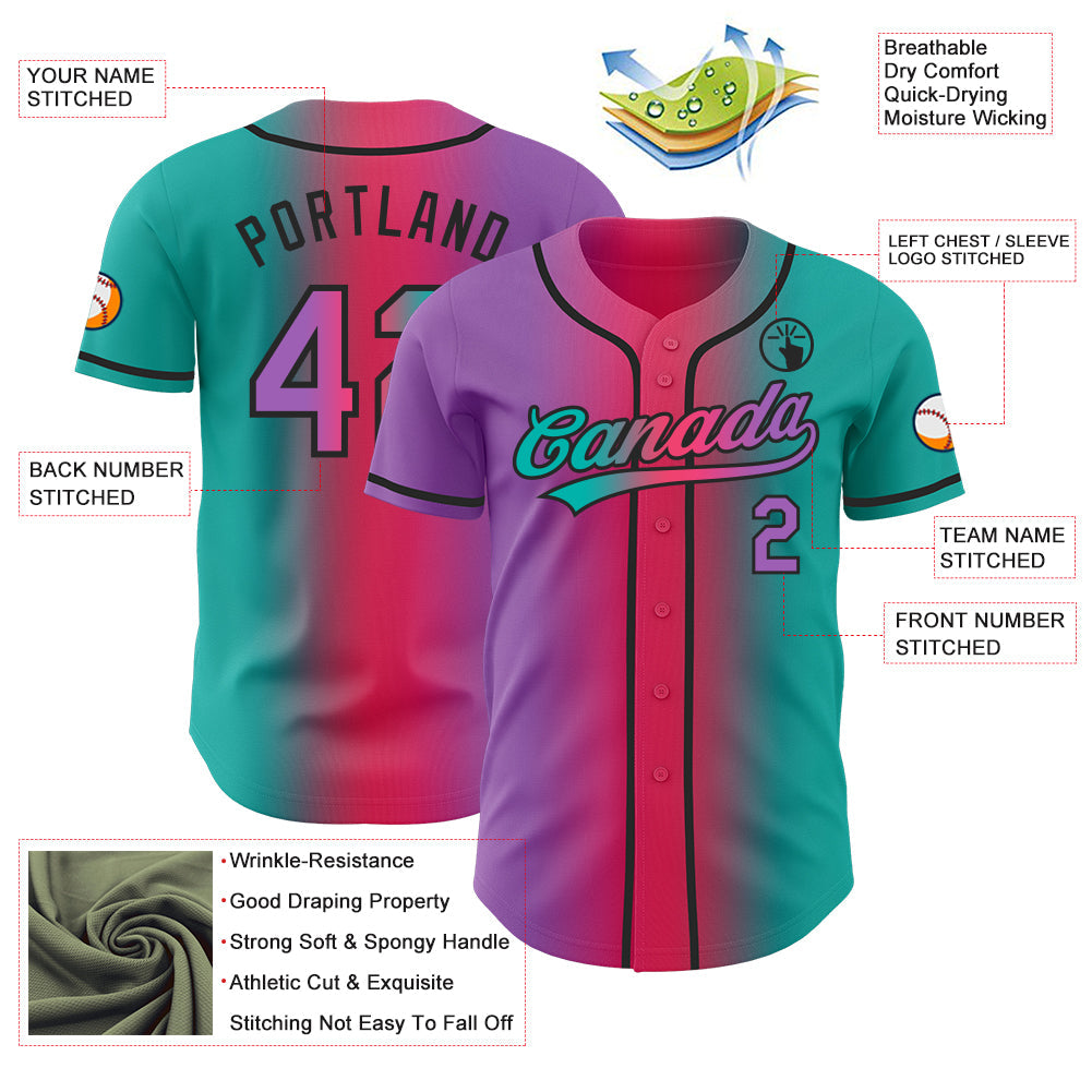 Custom Aqua Medium Purple Neon Pink-Black Authentic Gradient Fashion Baseball Jersey view 4