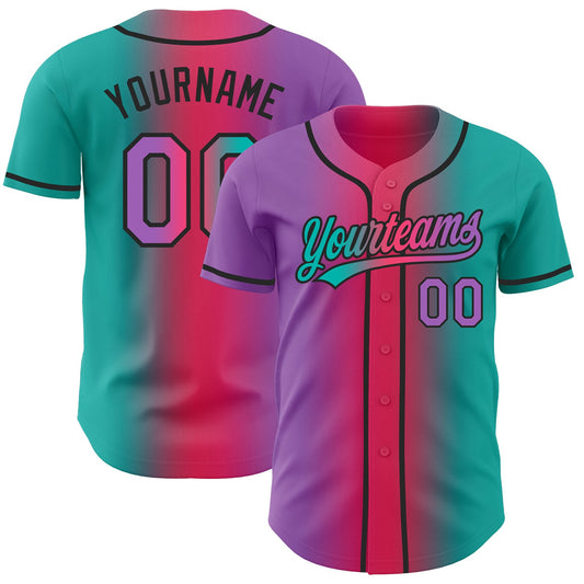 Custom Aqua Medium Purple Neon Pink-Black Authentic Gradient Fashion Baseball Jersey - Main View