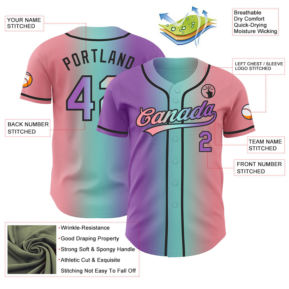 Custom Medium Pink Medium Purple Ice Blue-Black Authentic Gradient Fashion Baseball Jersey view 4