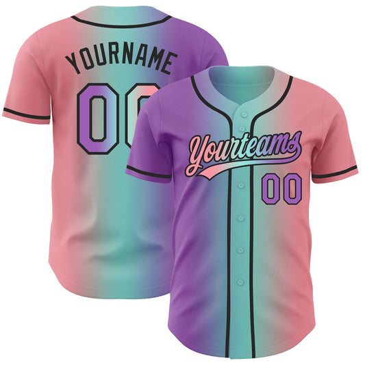 Custom Medium Pink Medium Purple Ice Blue-Black Authentic Gradient Fashion Baseball Jersey - Main View