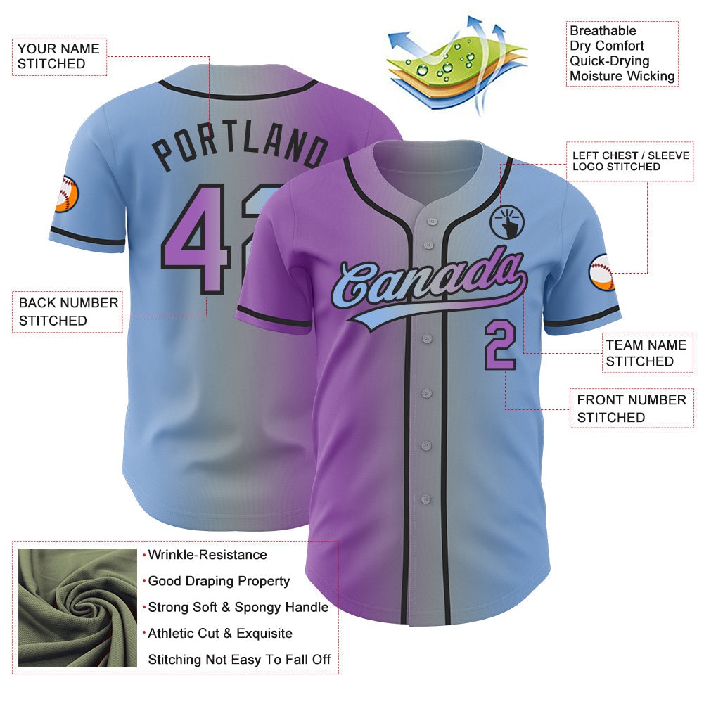 Custom Light Blue Medium Purple Gray-Black Authentic Gradient Fashion Baseball Jersey view 4