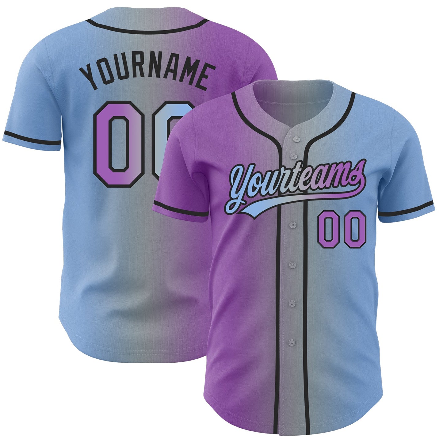 Custom Light Blue Medium Purple Gray-Black Authentic Gradient Fashion Baseball Jersey - Main View