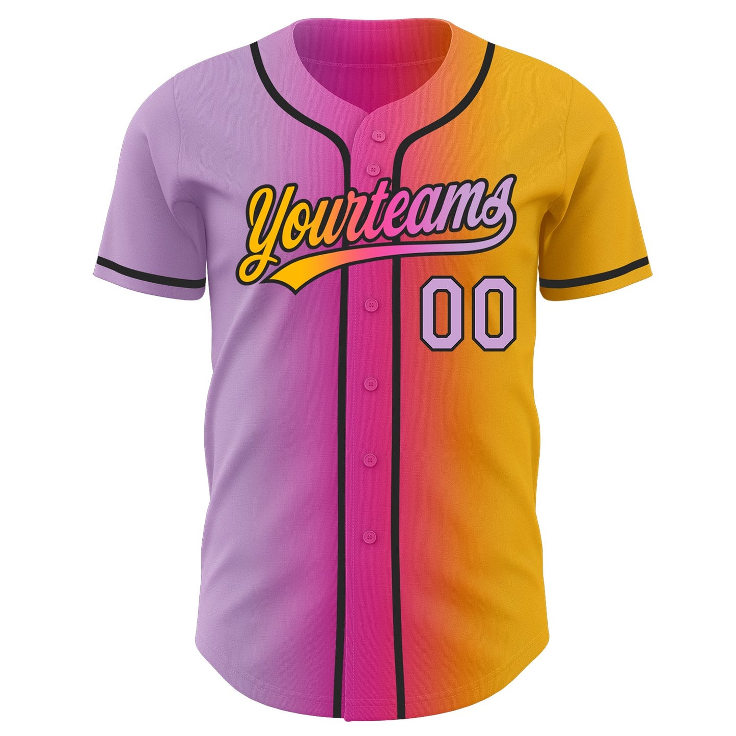 Custom Gold Light Purple Pink-Black Authentic Gradient Fashion Baseball Jersey view 3