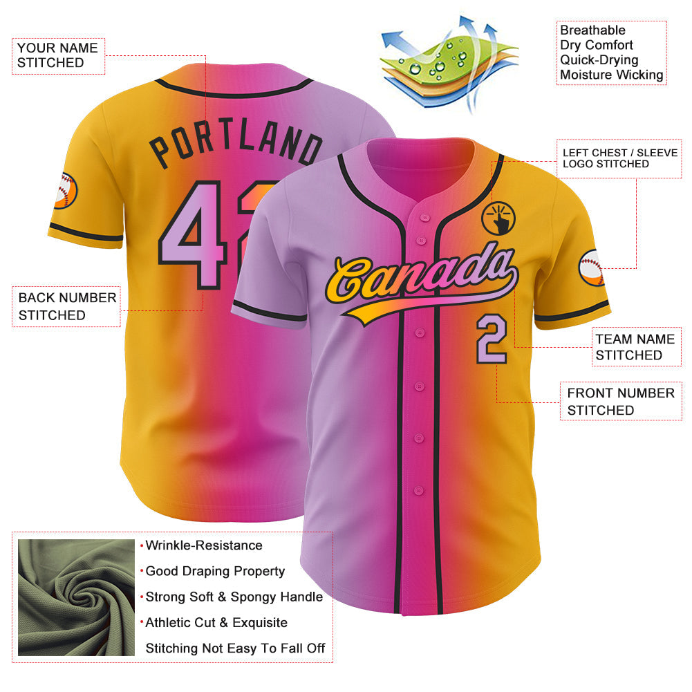 Custom Gold Light Purple Pink-Black Authentic Gradient Fashion Baseball Jersey view 4