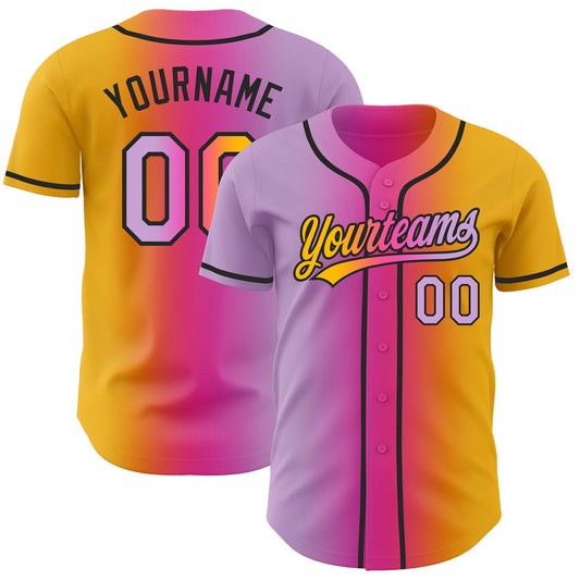 Custom Gold Light Purple Pink-Black Authentic Gradient Fashion Baseball Jersey - Main View
