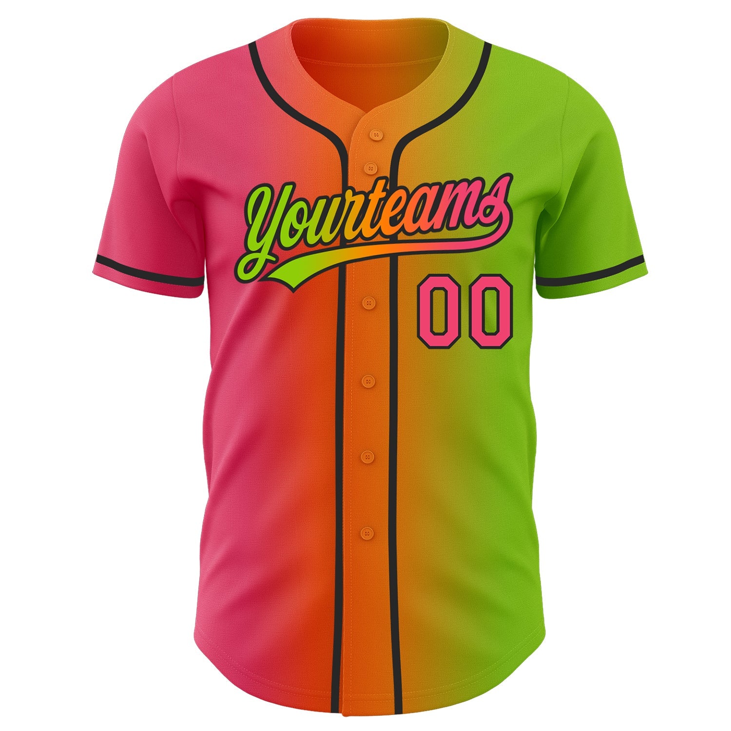 Custom Neon Green Neon Pink Bay Orange-Black Authentic Gradient Fashion Baseball Jersey view 3