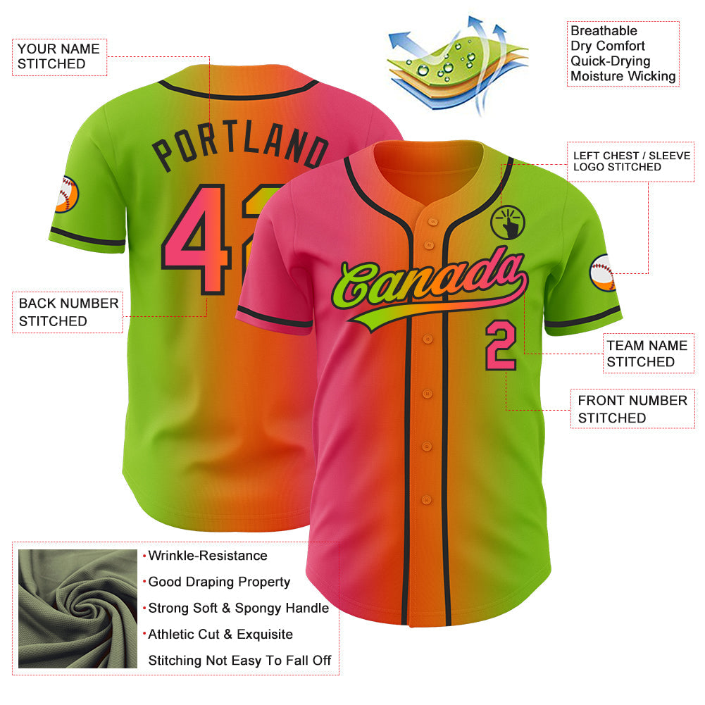 Custom Neon Green Neon Pink Bay Orange-Black Authentic Gradient Fashion Baseball Jersey view 4