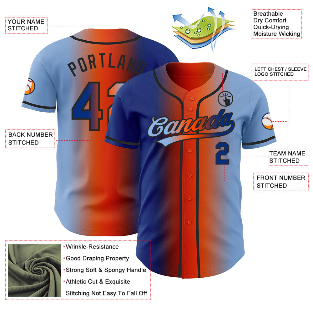 Custom Light Blue Royal Orange-Black Authentic Gradient Fashion Baseball Jersey view 4