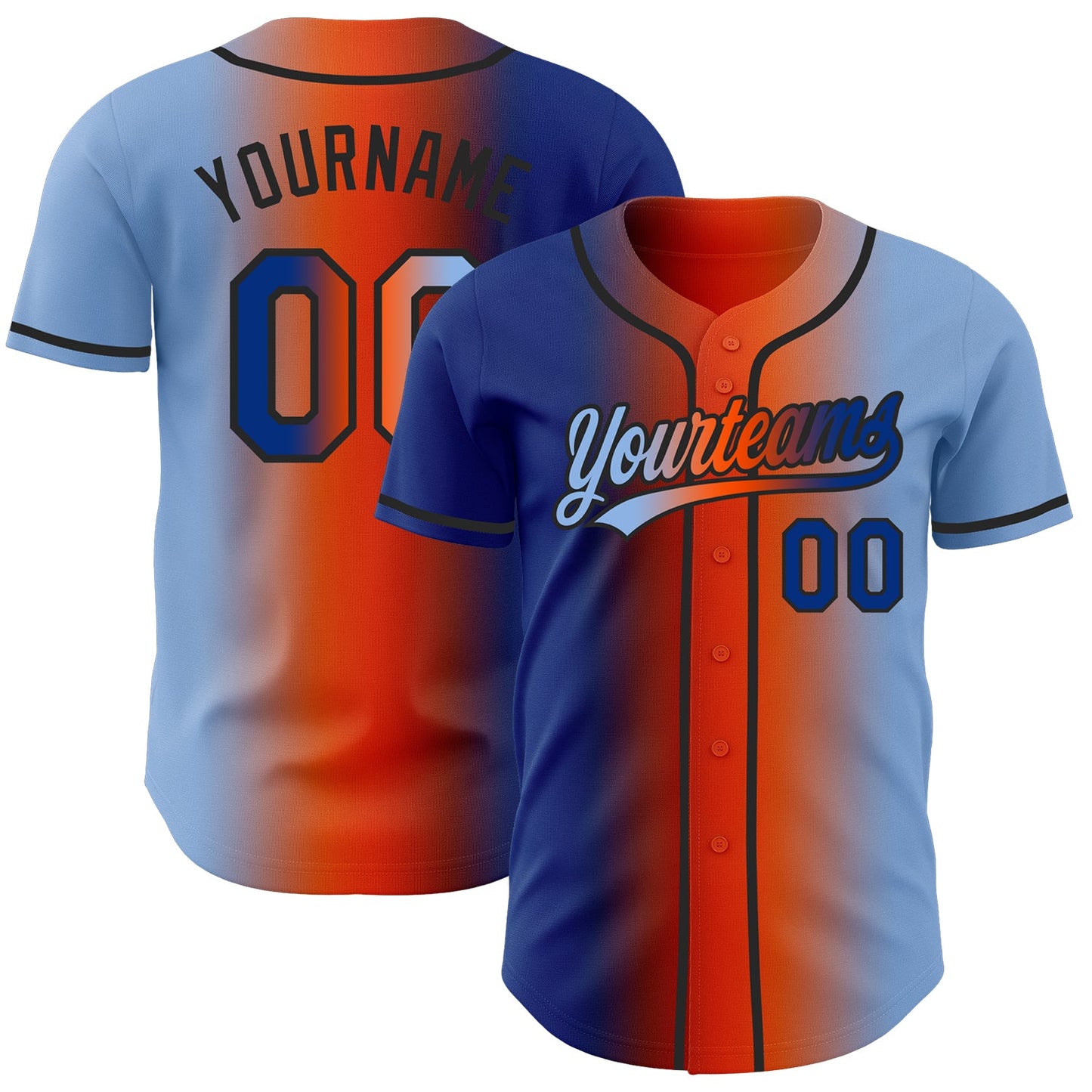 Custom Light Blue Royal Orange-Black Authentic Gradient Fashion Baseball Jersey - Main View