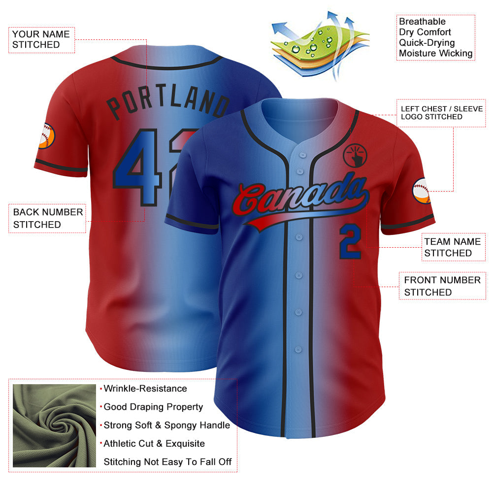Custom Red Royal Light Blue-Black Authentic Gradient Fashion Baseball Jersey view 4