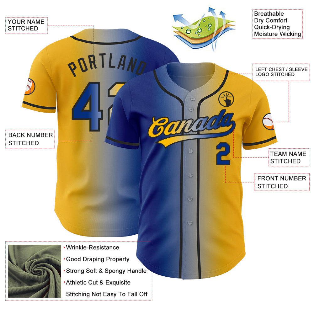 Custom Gold Royal Gray-Black Authentic Gradient Fashion Baseball Jersey view 4