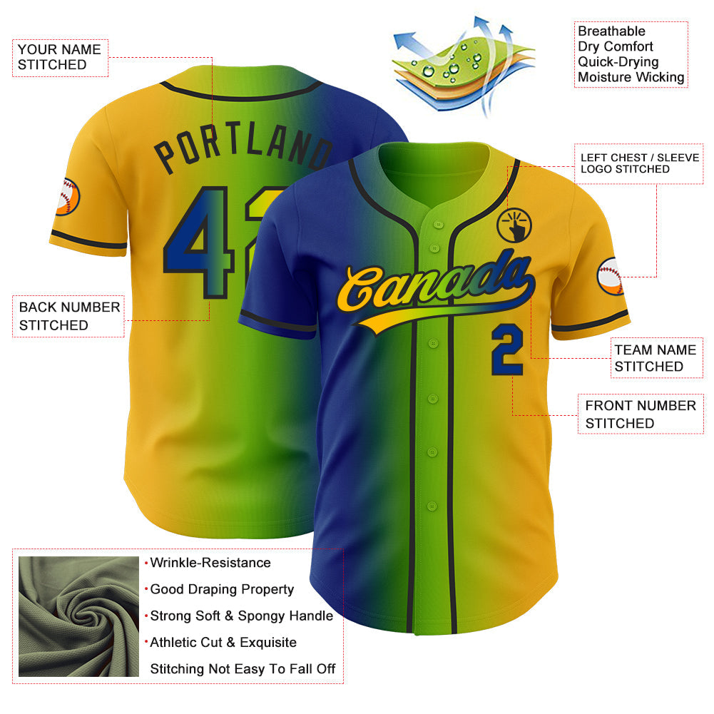 Custom Gold Royal Neon Green-Black Authentic Gradient Fashion Baseball Jersey view 4