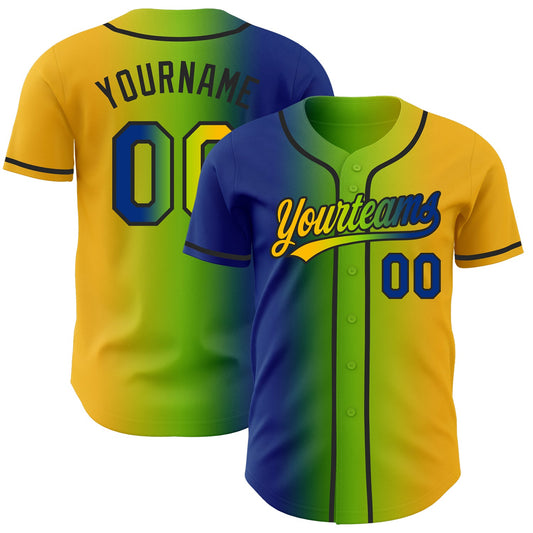 Custom Gold Royal Neon Green-Black Authentic Gradient Fashion Baseball Jersey - Main View