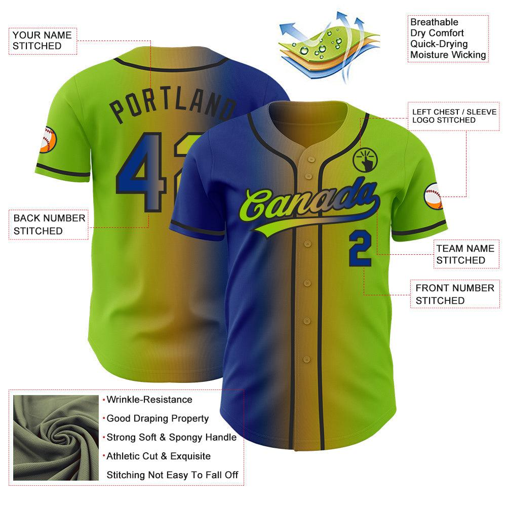 Custom Neon Green Royal Old Gold-Black Authentic Gradient Fashion Baseball Jersey view 4