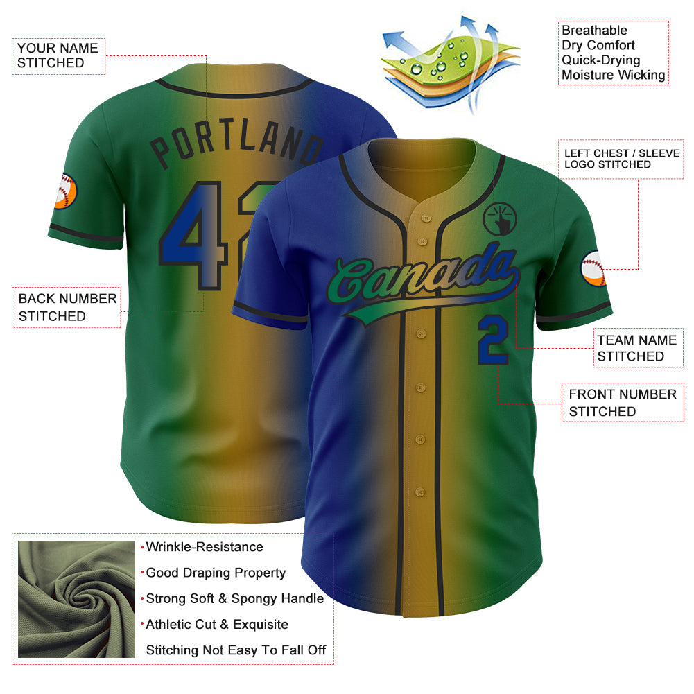 Custom Kelly Green Royal Old Gold-Black Authentic Gradient Fashion Baseball Jersey view 4