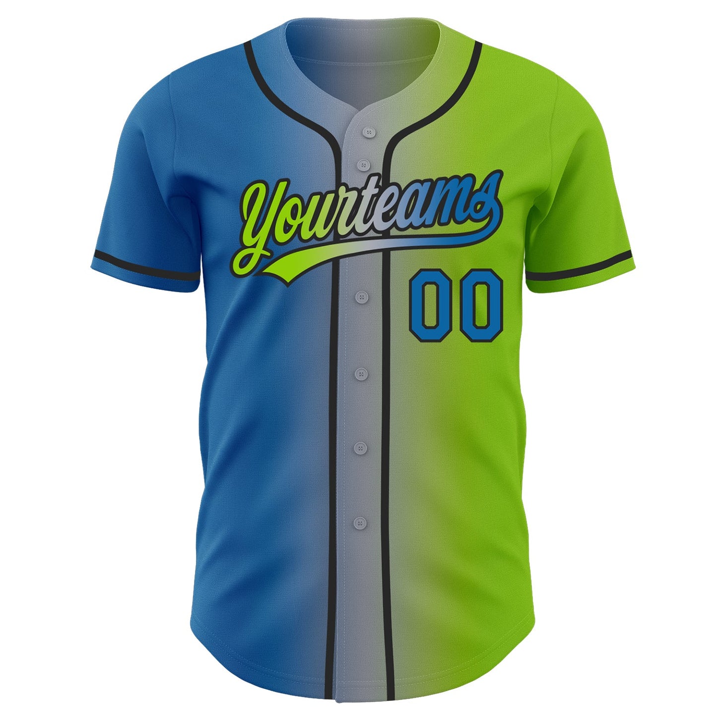 Custom Neon Green Blue Gray-Black Authentic Gradient Fashion Baseball Jersey view 3