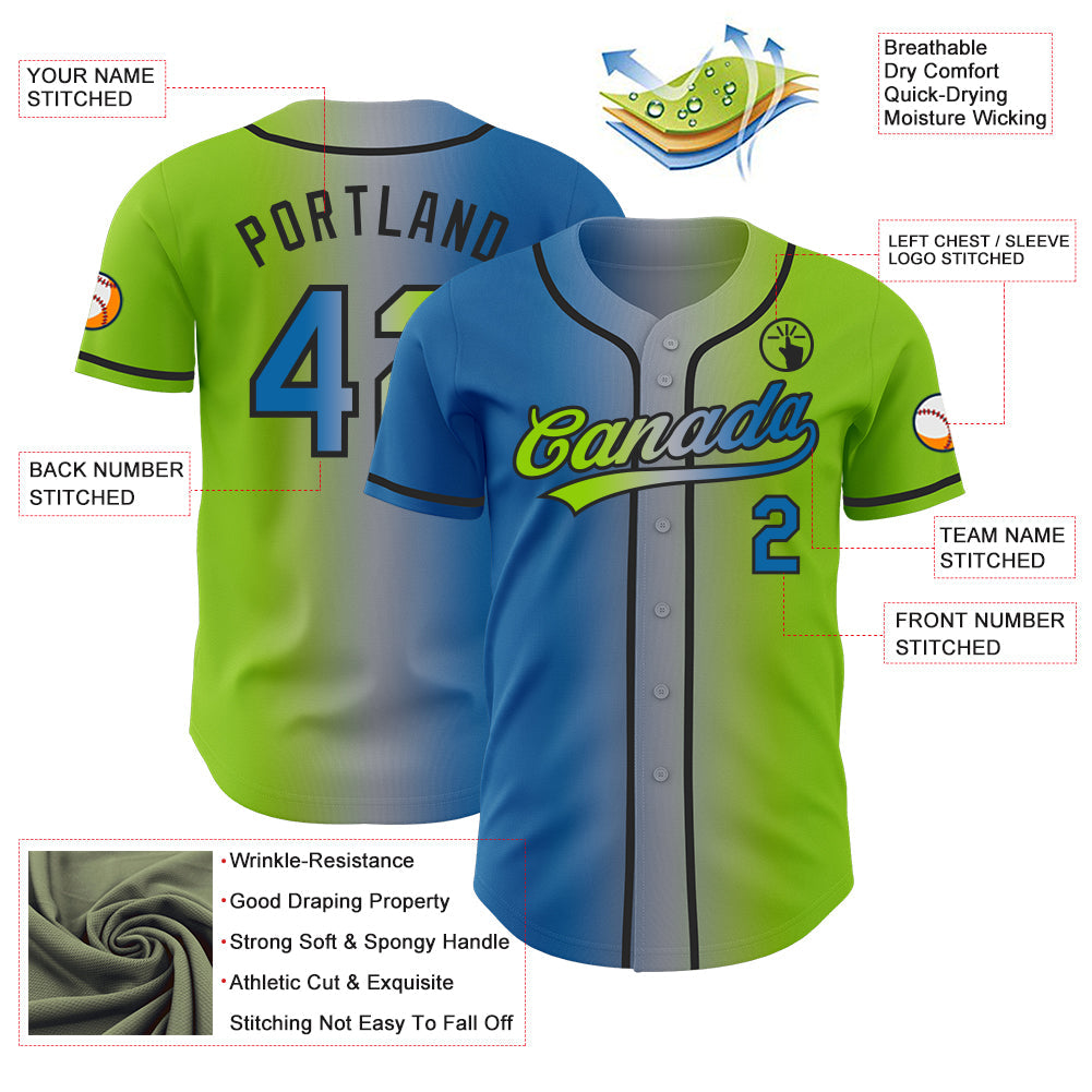 Custom Neon Green Blue Gray-Black Authentic Gradient Fashion Baseball Jersey view 4